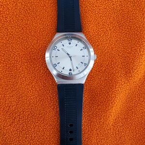 Swatch Silver Case Watch with Black Strap